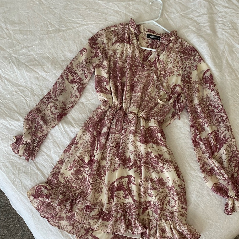 Missguided 4 Red China Print Frill Plunge Smock Dress